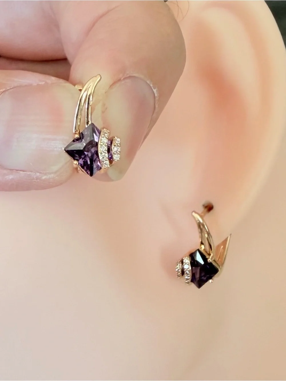 Bohemian Square Purple Gold Crystal Earrings.